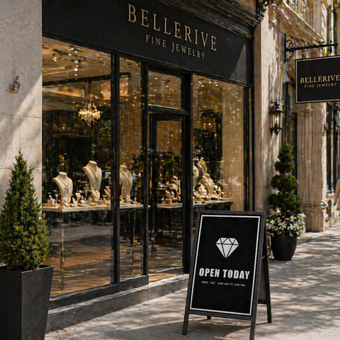 Bellerive Fine Jewelry store front with 'Open Today' sign on a sidewalk.