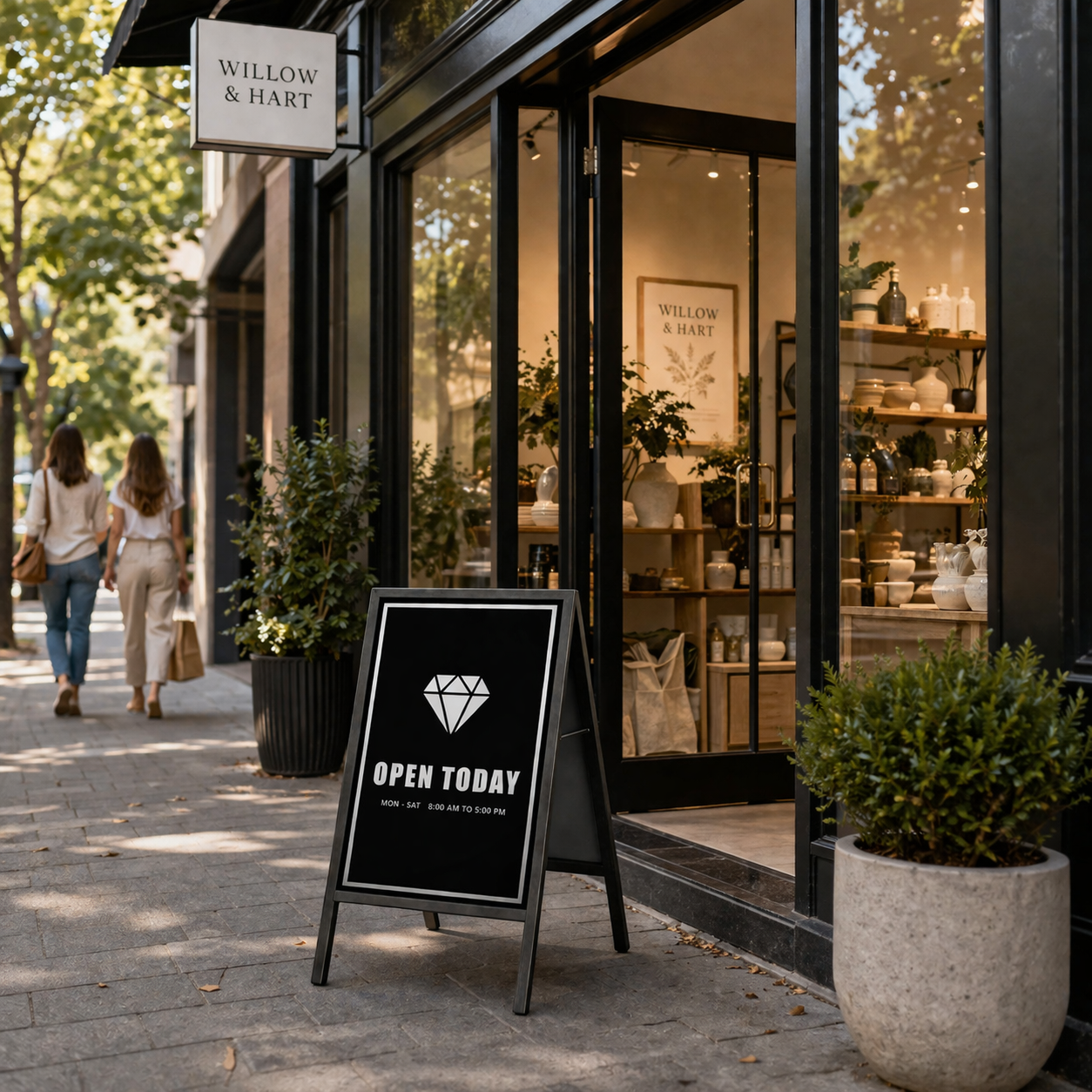 Storefront with 'Willow & Hart' sign and 'Open Today' sign on a sidewalk.