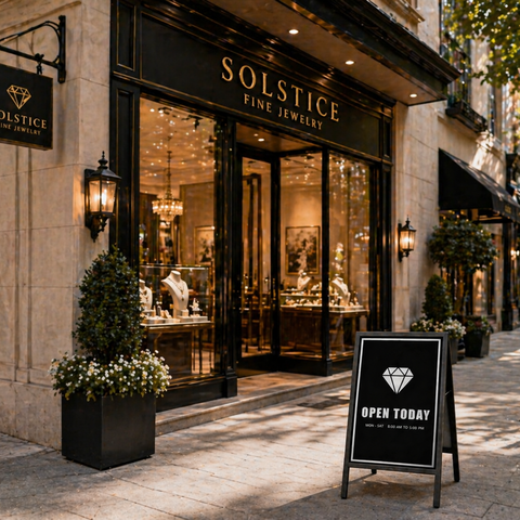 Solstice Fine Jewelry store front with 'Open Today' sign on a sidewalk.