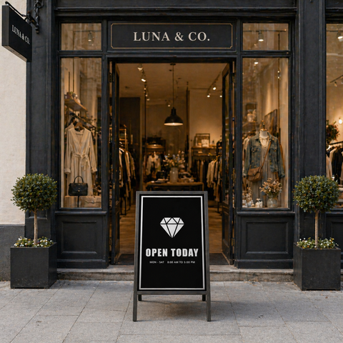 Storefront of Luna & Co. with 'Open Today' sign outside