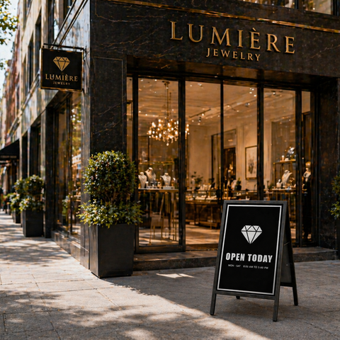 Lumire Jewelry store front with a 'Open Today' sign on a sidewalk.