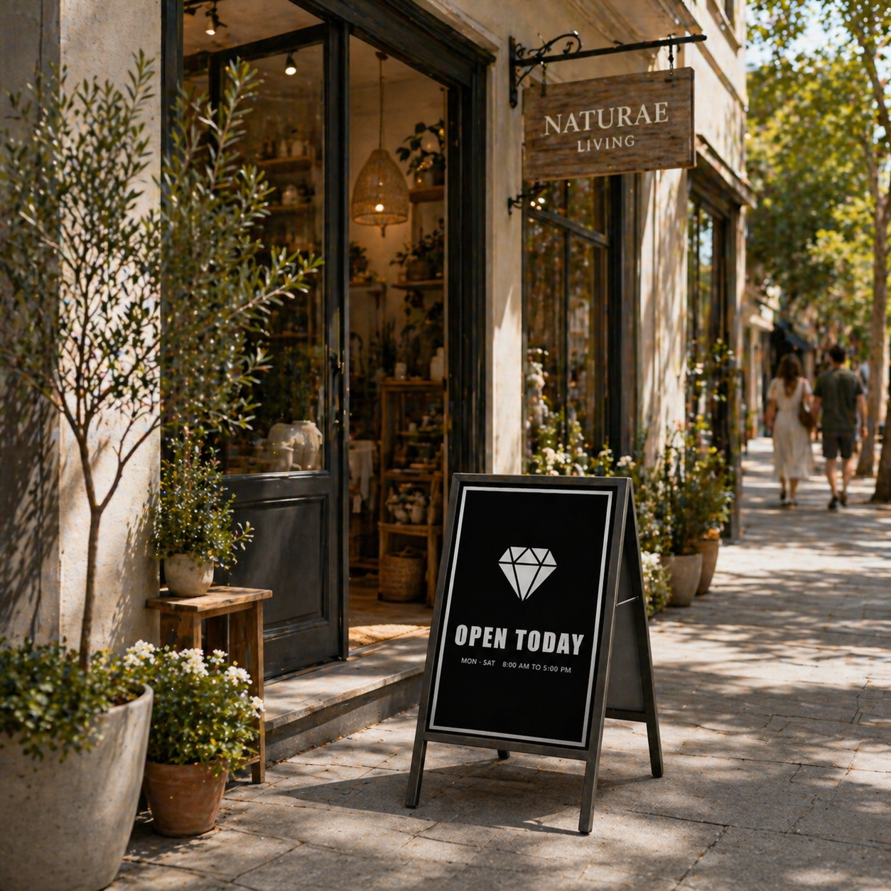 Storefront with 'Naturae Living' sign and 'Open Today' sign outside.