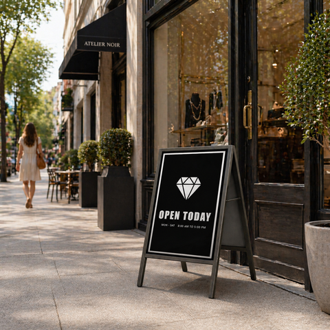Storefront with 'Open Today' sign on a sidewalk, woman walking by.