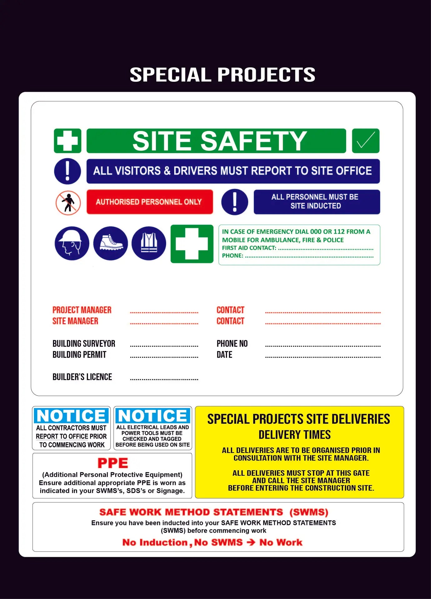 Special Projects Site Safety Construction Sign
