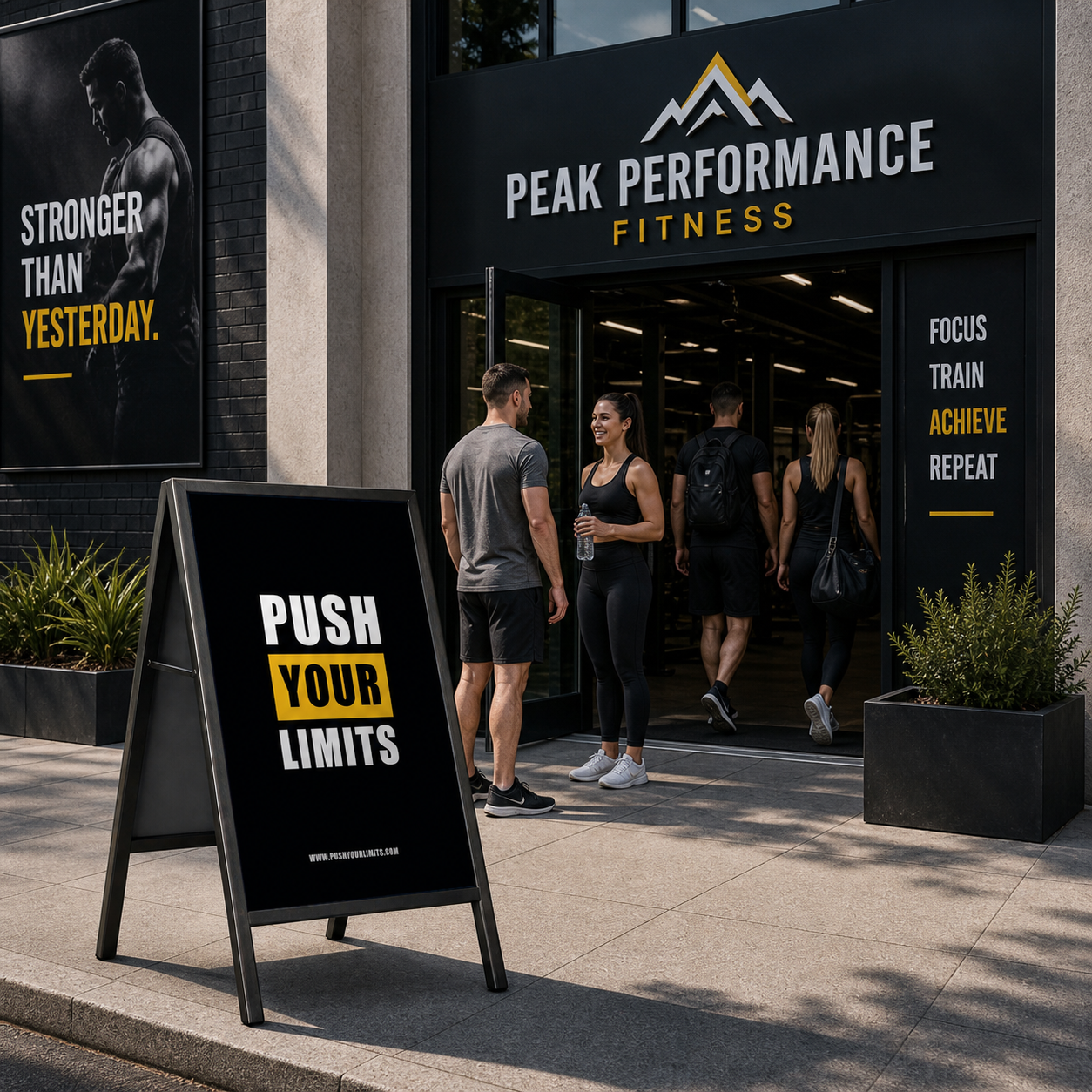 People entering a fitness center with motivational signs outside.