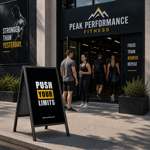 People entering a fitness center with motivational signs outside.
