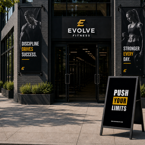 Evolve Fitness gym entrance with motivational posters and a sign.