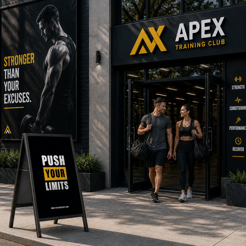 APEX Training Club entrance with two people walking out, promotional sign outside.
