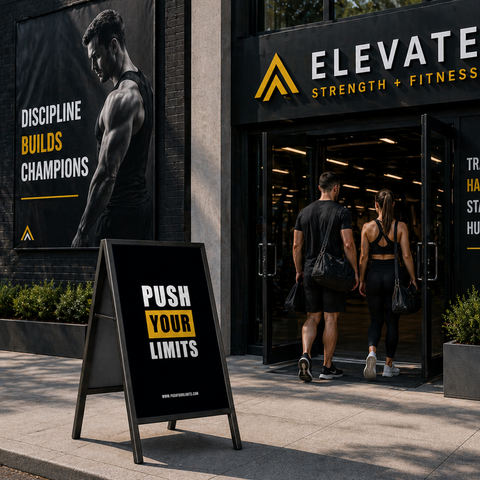 Elevate Strength & Fitness gym entrance with motivational sign and people entering.