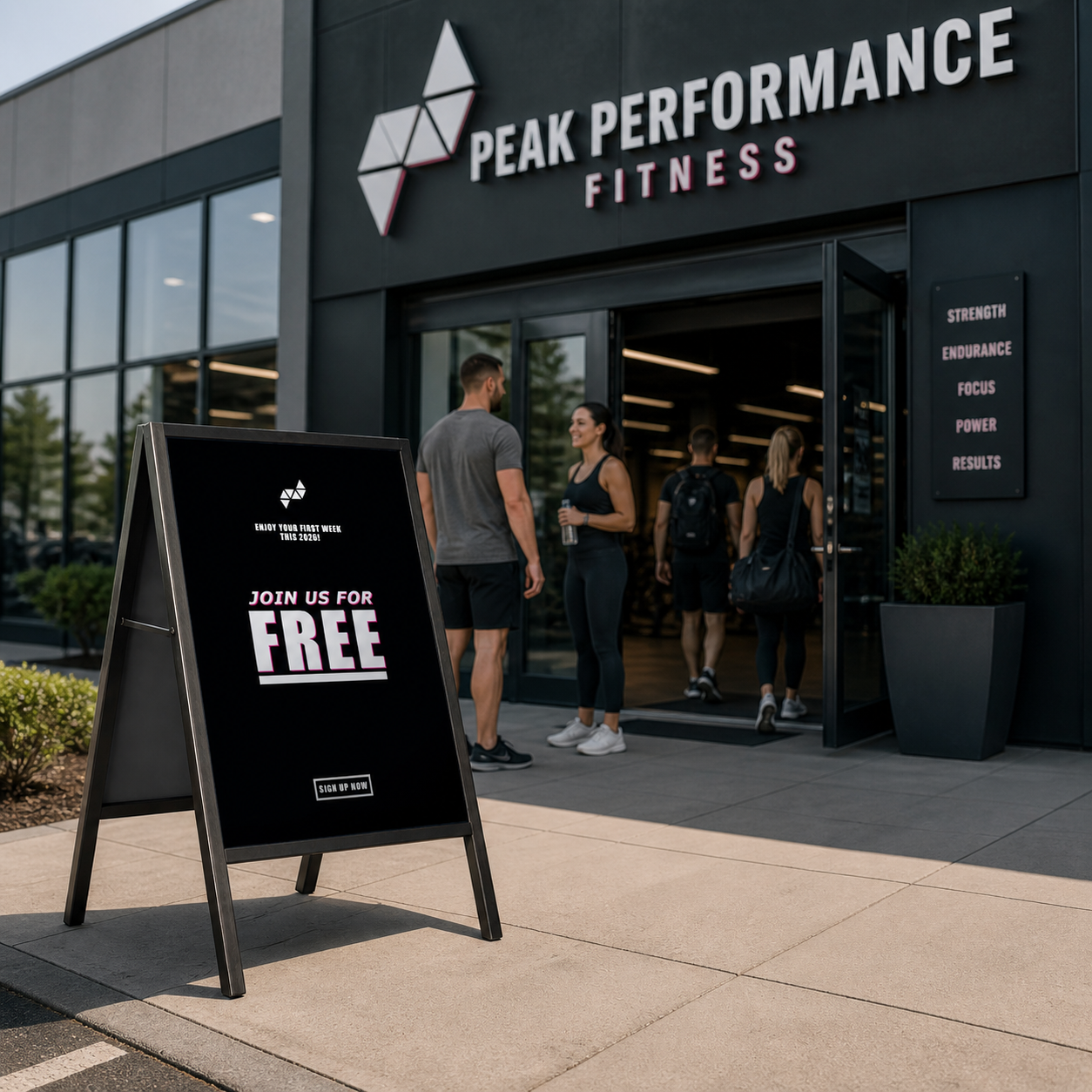 People entering a Peak Performance Fitness gym with a free trial sign in front.