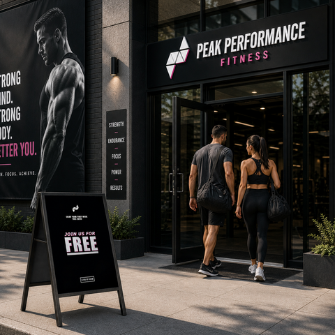 Two people entering a Peak Performance Fitness gym with a promotional sign outside.