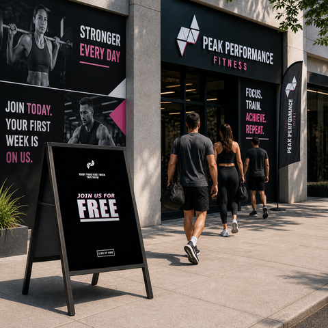 People walking past a Peak Performance Fitness store with promotional signs.