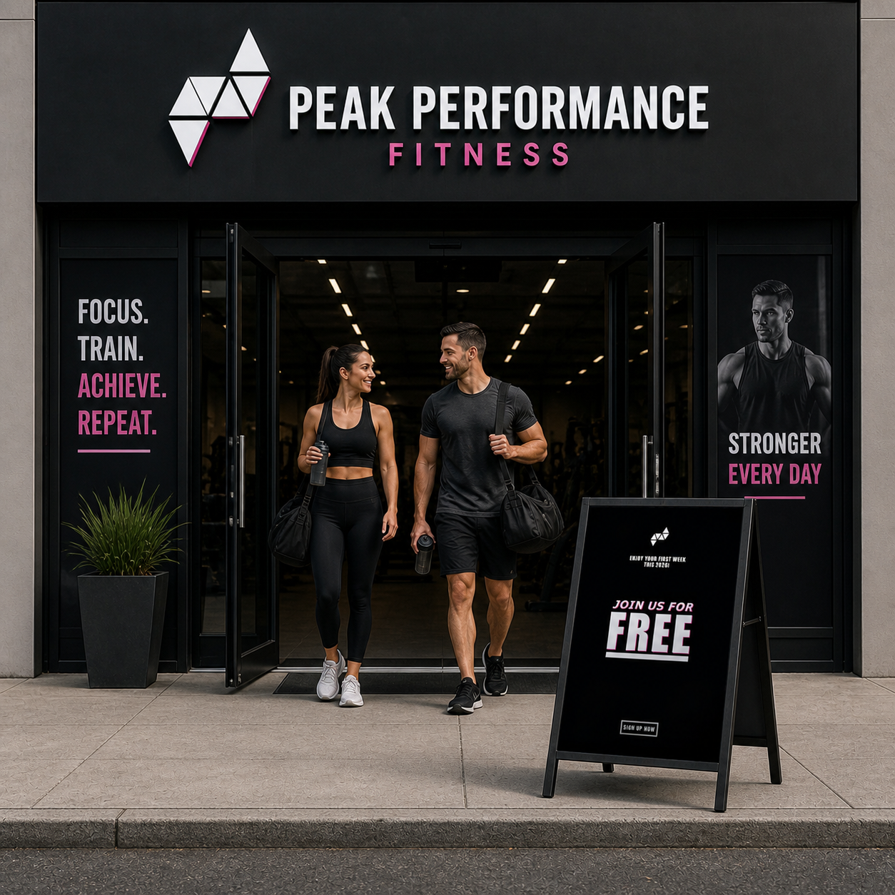 Two people walking out of a Peak Performance Fitness gym with promotional signs.