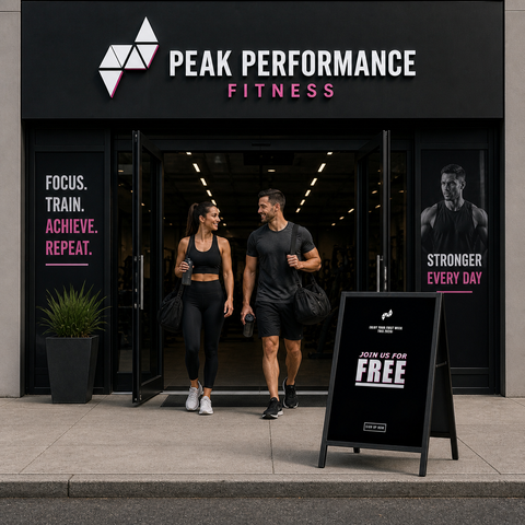 Two people walking out of a Peak Performance Fitness gym with promotional signs.