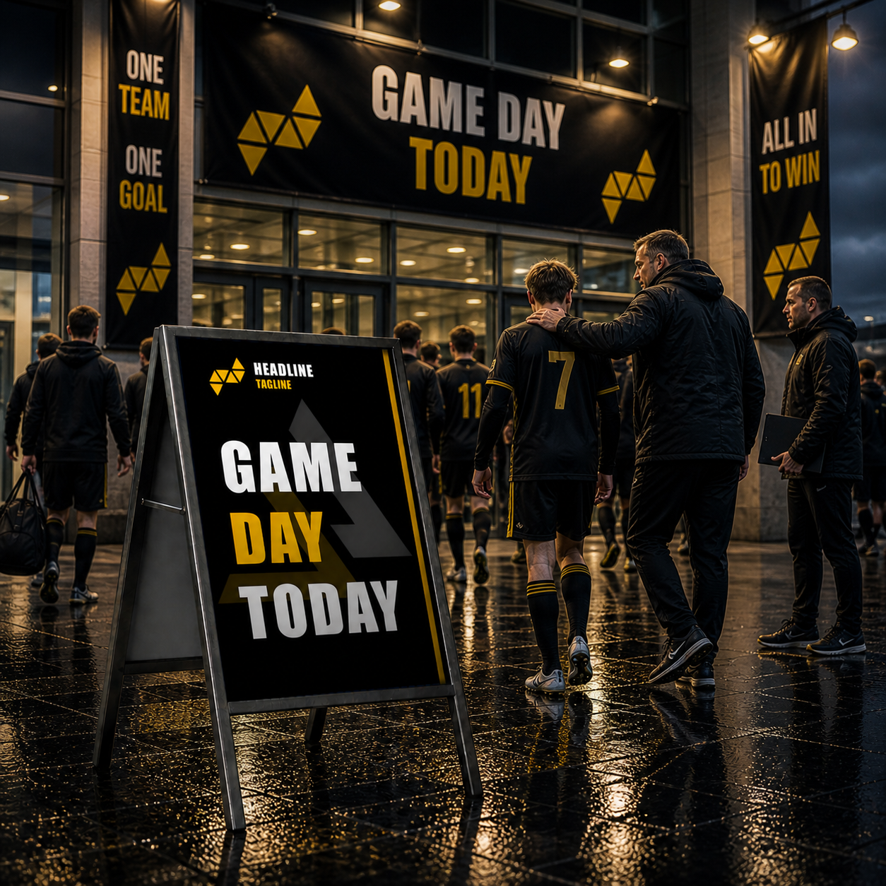 People walking towards a stadium entrance with 'Game Day Today' signs.