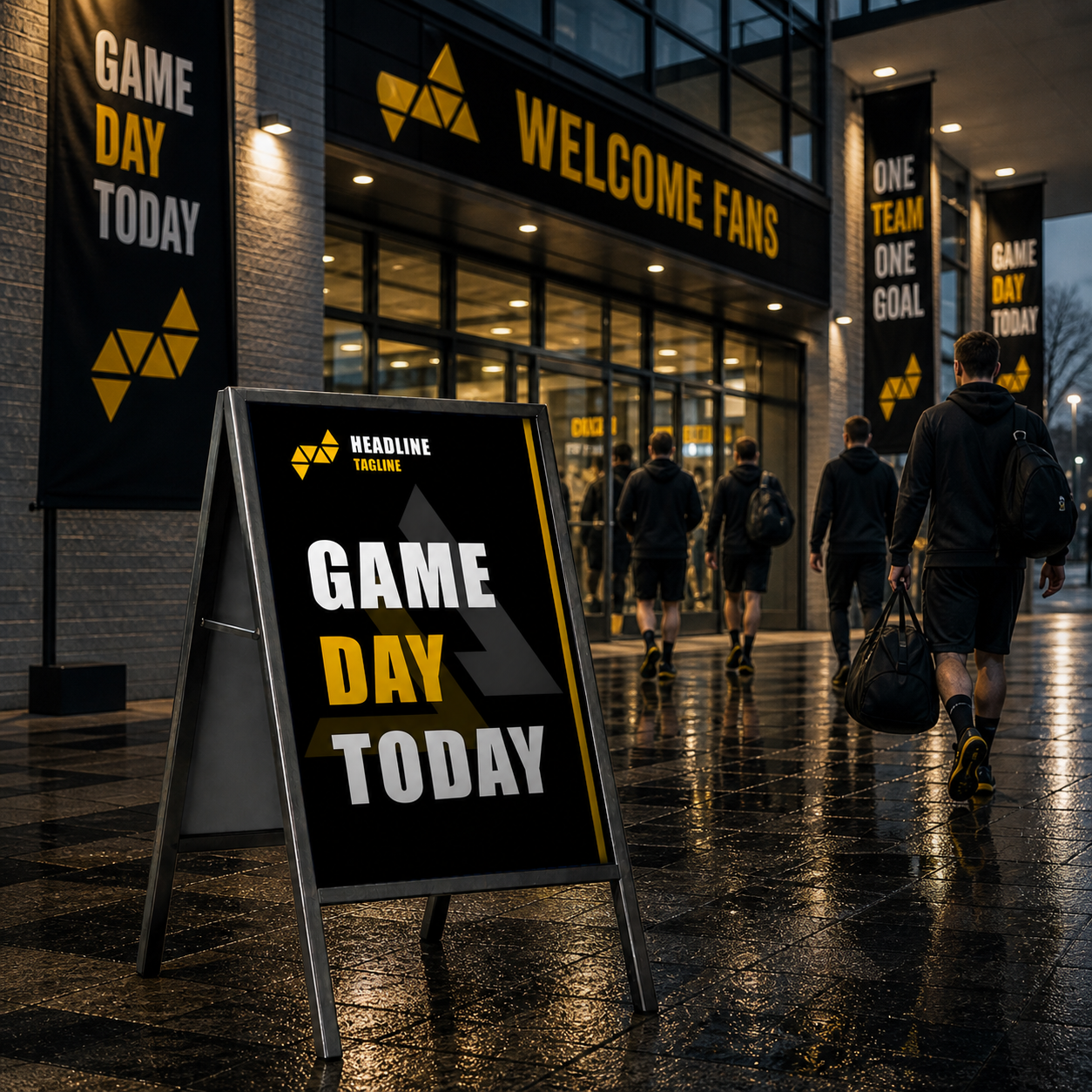 Outdoor sign with 'Game Day Today' text in front of a building with similar signage.