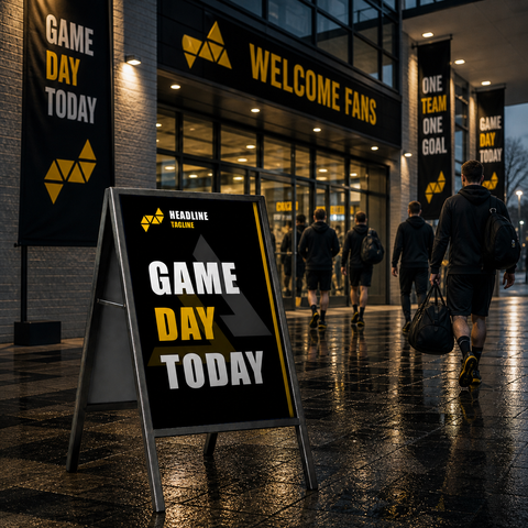 Outdoor sign with 'Game Day Today' text in front of a building with similar signage.