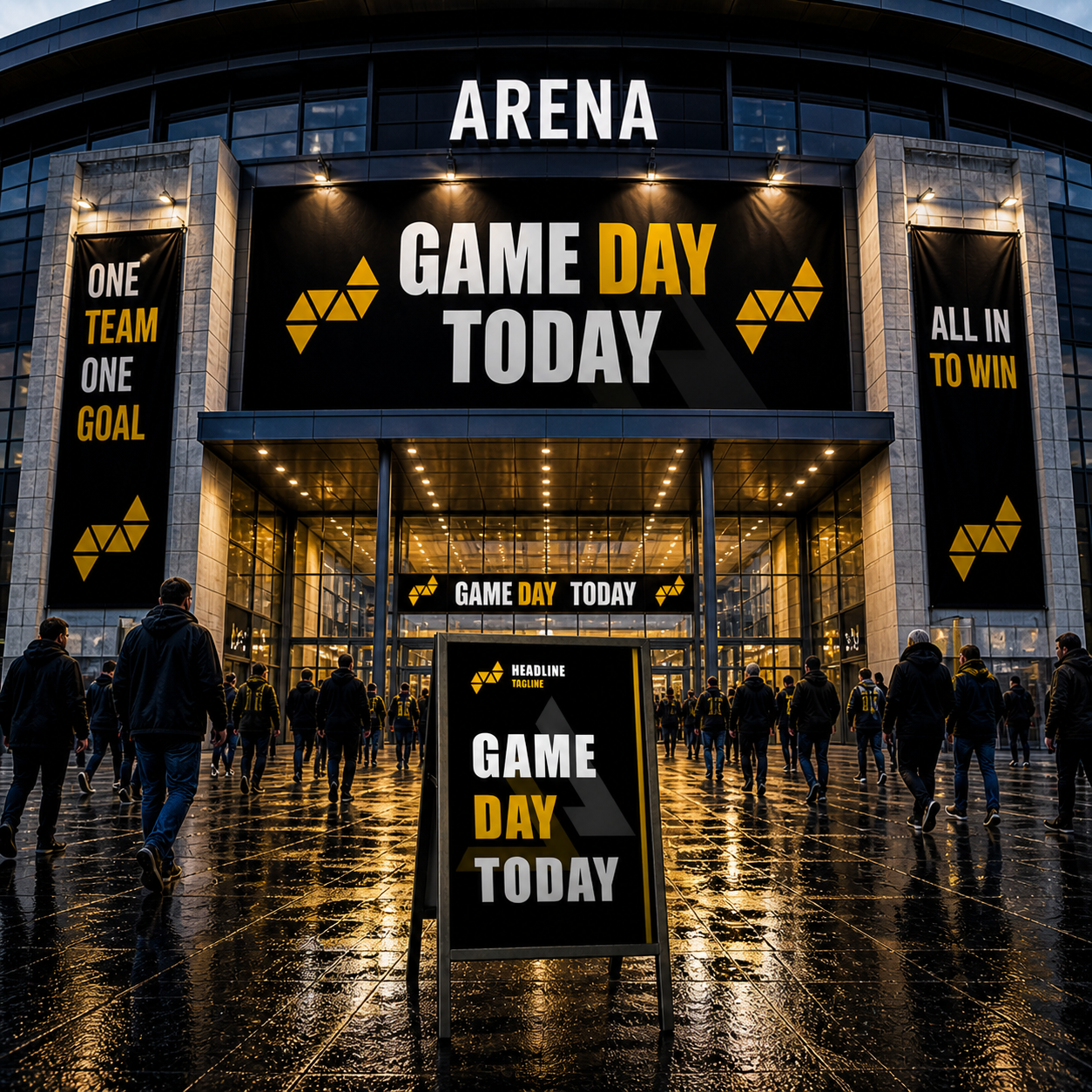 Arena entrance with 'Game Day Today' signage and people walking around.