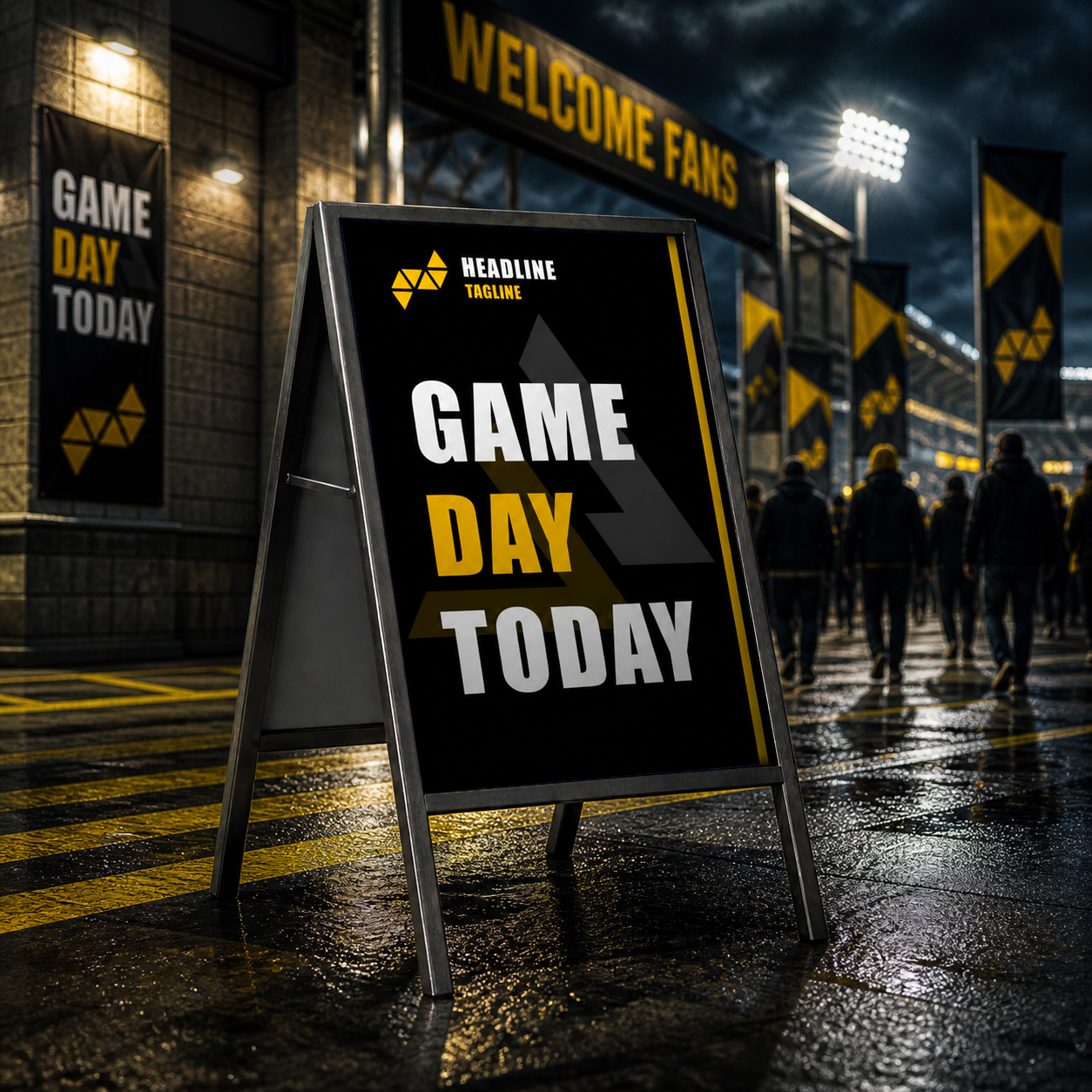 Game day sign at a stadium with people and banners in the background