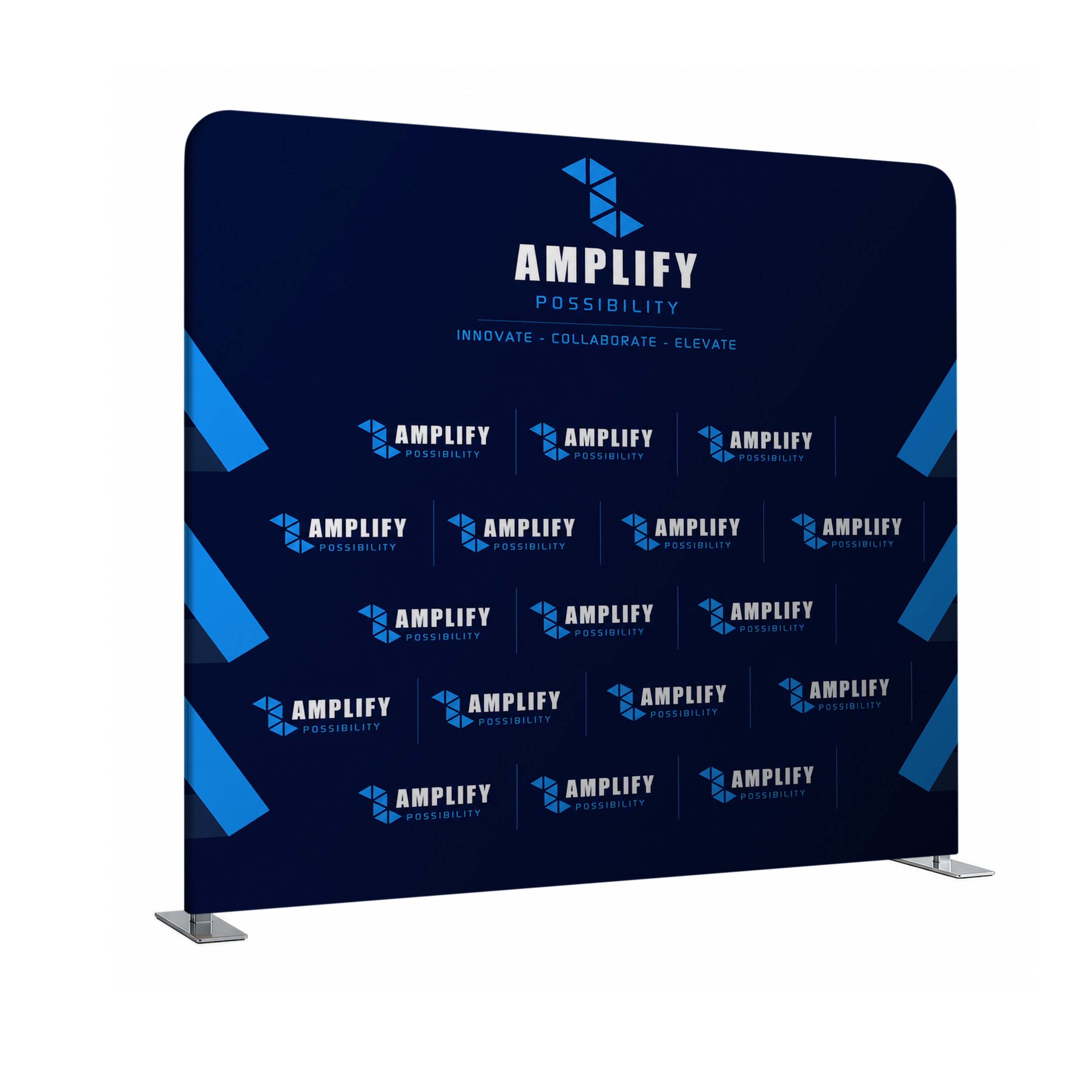 Blue promotional display with 'Amplify' branding on a white background