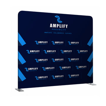Blue promotional display with 'Amplify' branding on a white background