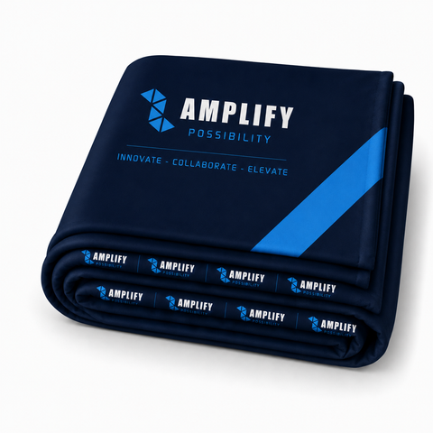 Folded media wall skin with 'Amplify' branding on a white background