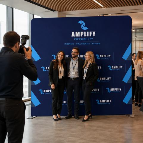 Three people posing in front of an 'Amplify' branded backdrop with a cameraman taking a photo.