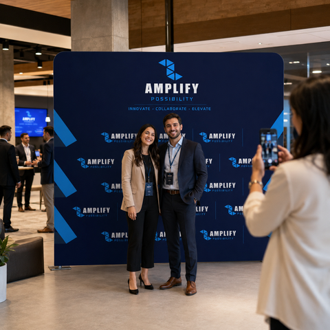 Two people posing in front of an 'Amplify' branded backdrop at a conference.