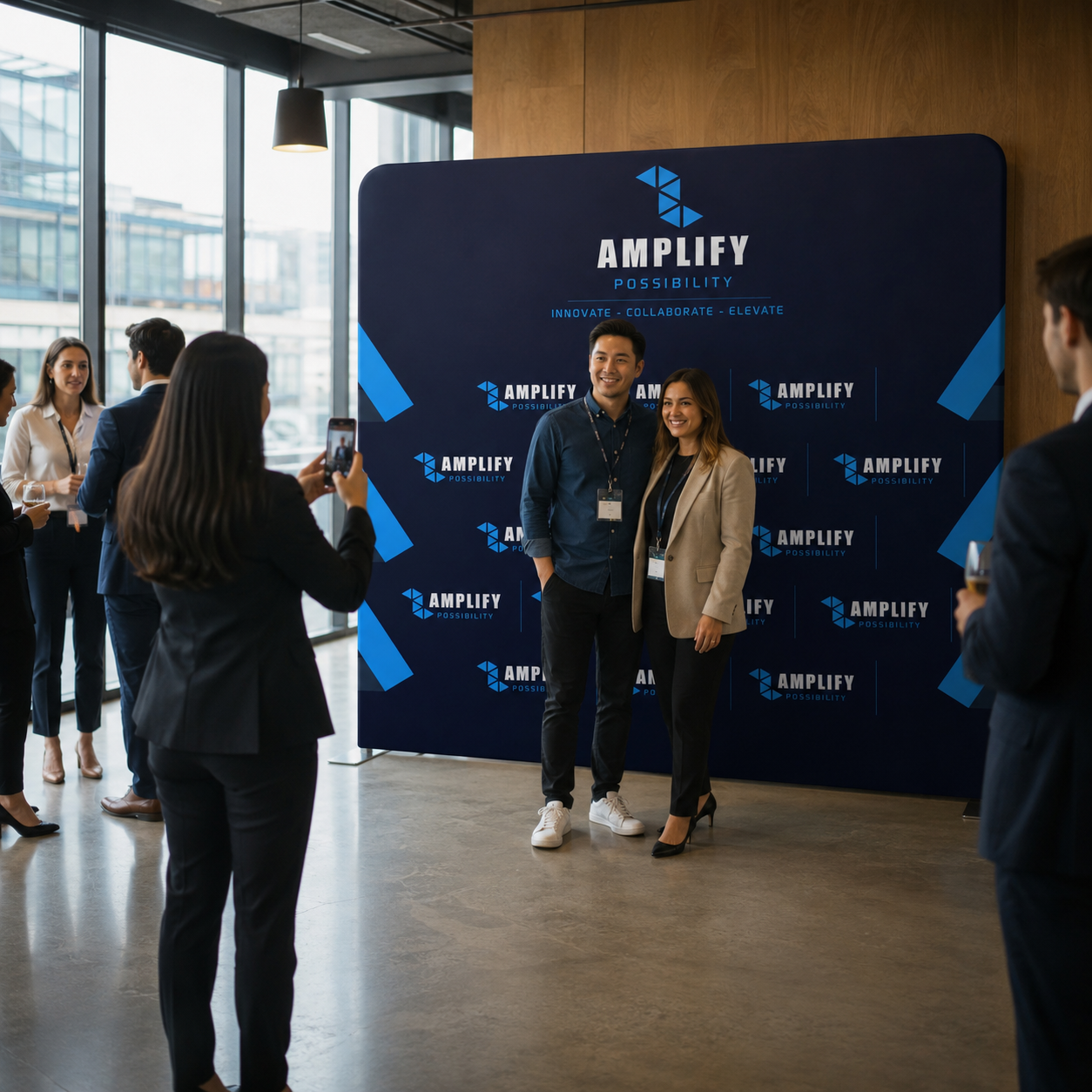 Two people posing in front of an 'Amplify' branded backdrop in a modern indoor setting.