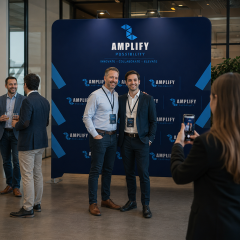 Two men posing for a photo in front of an Amplify branded backdrop
