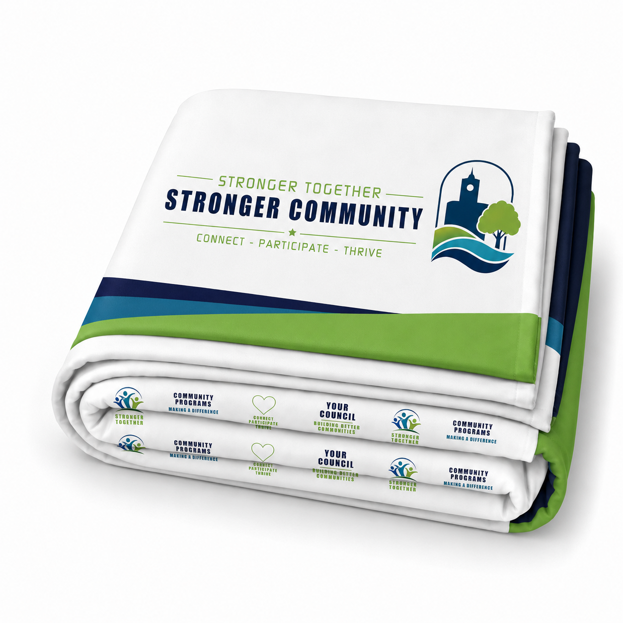 Folded media wall skin with 'Stronger Together Stronger Community' branding on a white background