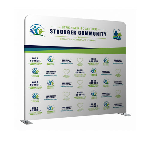 Promotional banner for 'Stronger Community' with logos and text on a white background