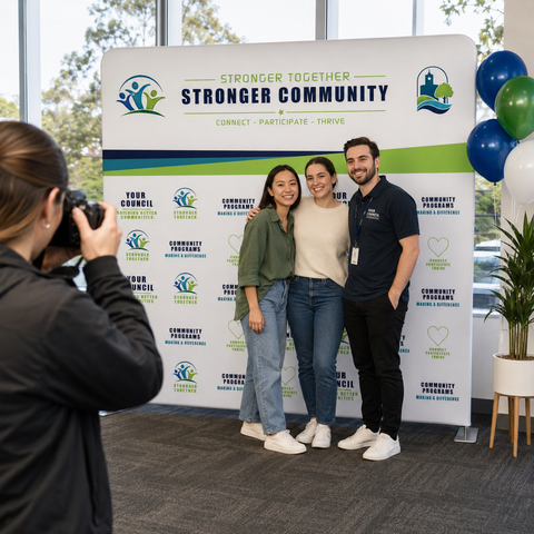 Three people posing for a photo in front of a 'Stronger Community' backdrop.