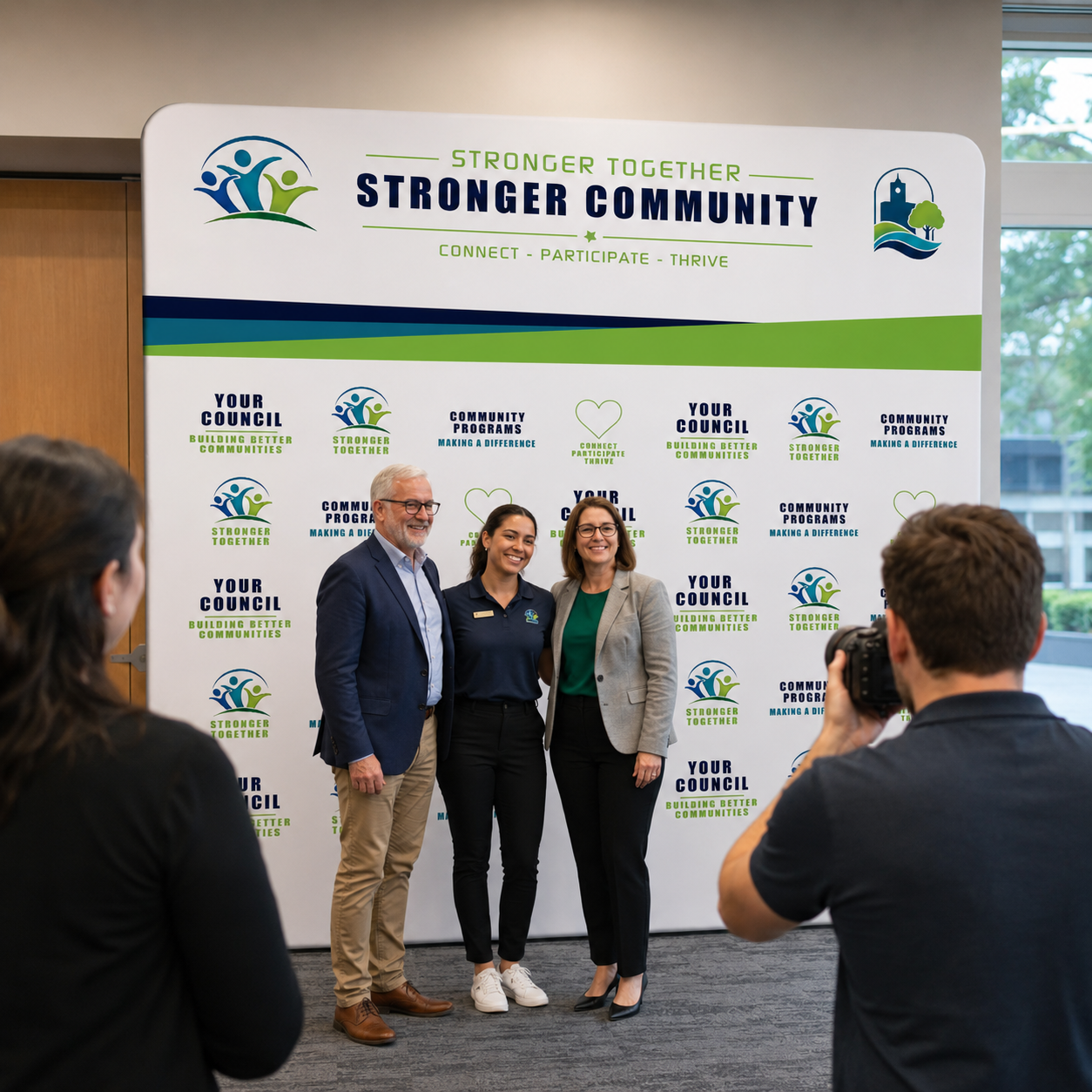 Group of people posing in front of a 'Stronger Community' backdrop with a photographer taking a picture.