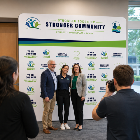 Group of people posing in front of a 'Stronger Community' backdrop with a photographer taking a picture.