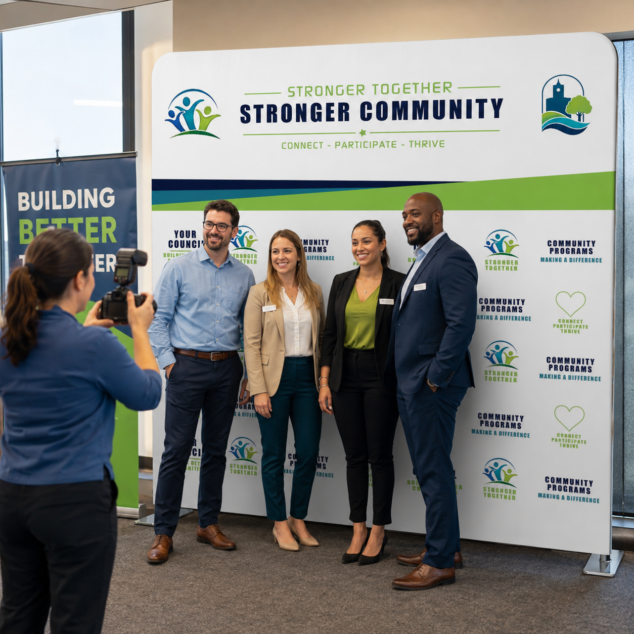 Group of four people posing in front of a 'Stronger Community' backdrop with a person taking a photo.