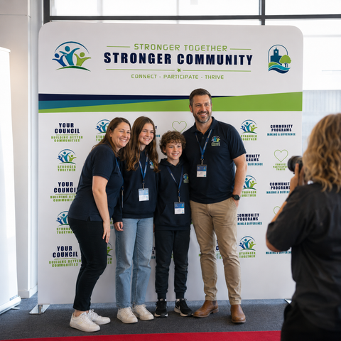 Family posing for a photo in front of 'Stronger Community' backdrop
