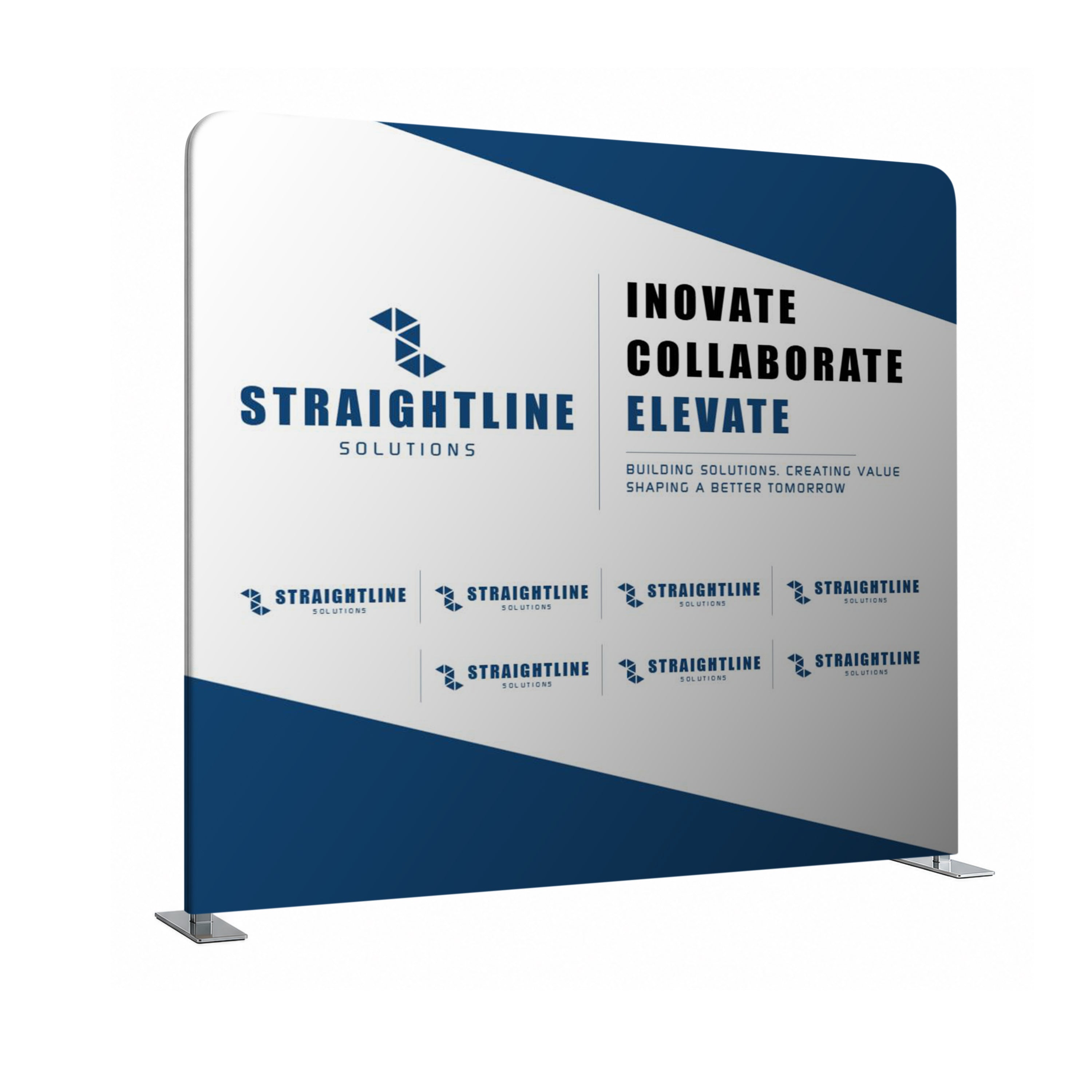 Promotional display stand with Straightline Solutions branding and motivational phrases.