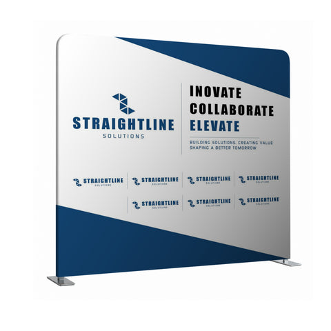 Promotional display stand with Straightline Solutions branding and motivational phrases.