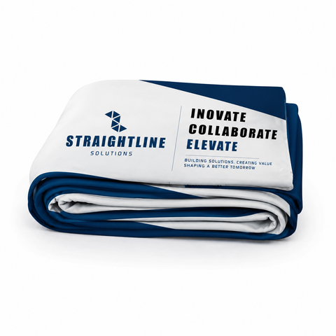 Folded blue and white mat with Straightline Solutions branding on a white background