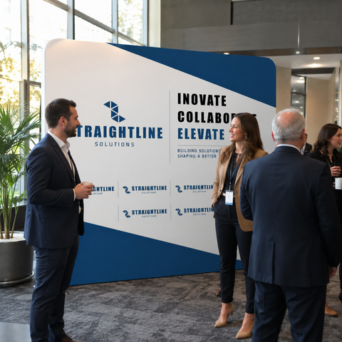 Group of people standing in front of a Straightline Solutions display board in an indoor setting.