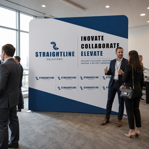 Two people standing in front of a Straightline Solutions display at an event.