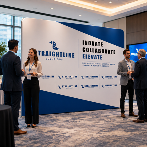 Group of people standing in front of a Straightline Solutions display at an event.
