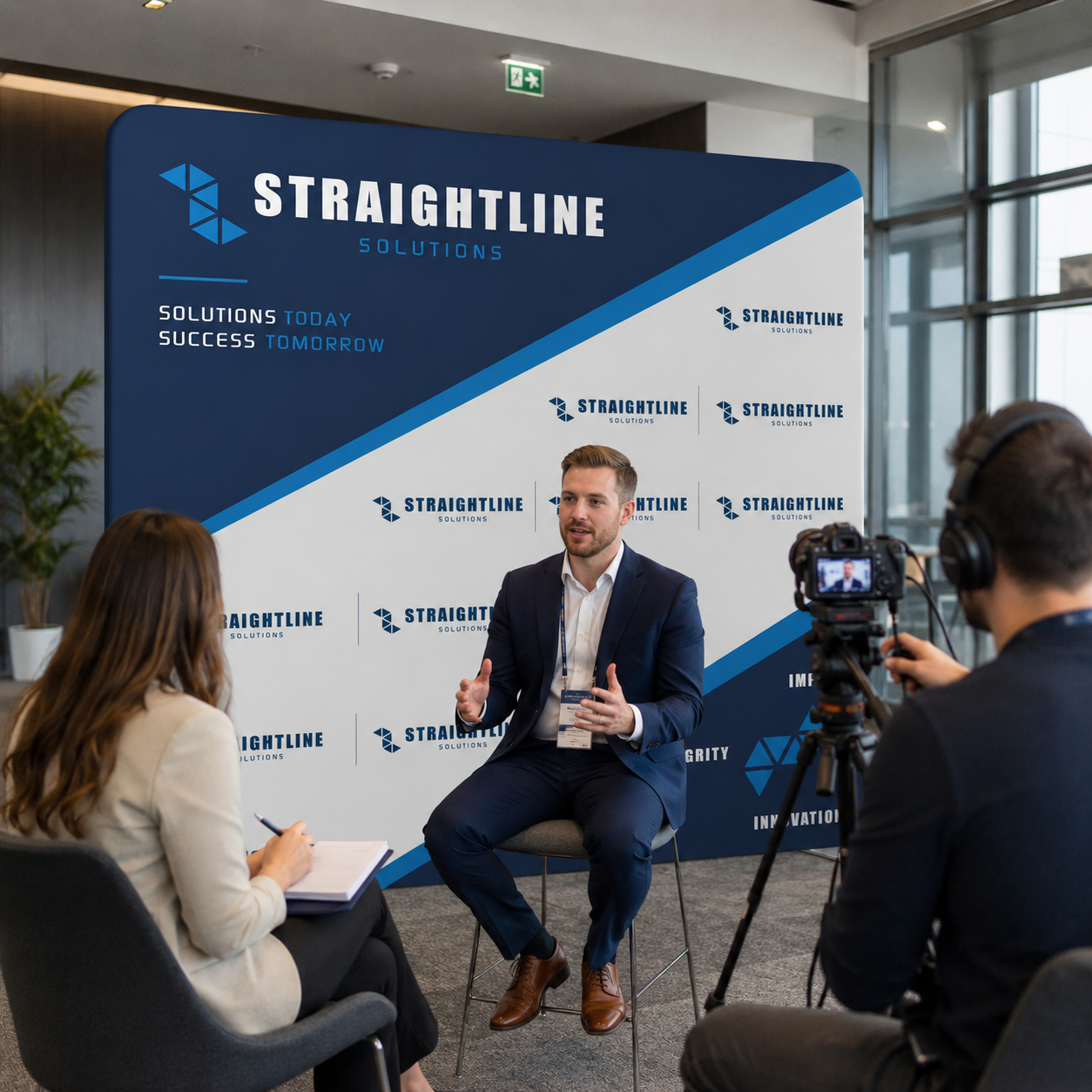 Person speaking at a Straightline Solutions event with a camera crew recording.