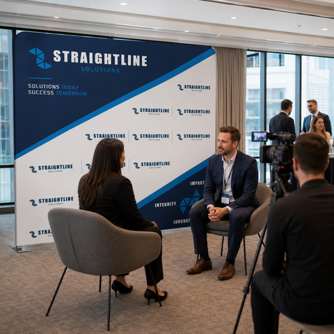 Interview or meeting setup with people seated in front of a Straightline Solutions backdrop.