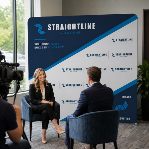 Two professionals sitting in front of a Straightline Solutions backdrop with a camera on the left.