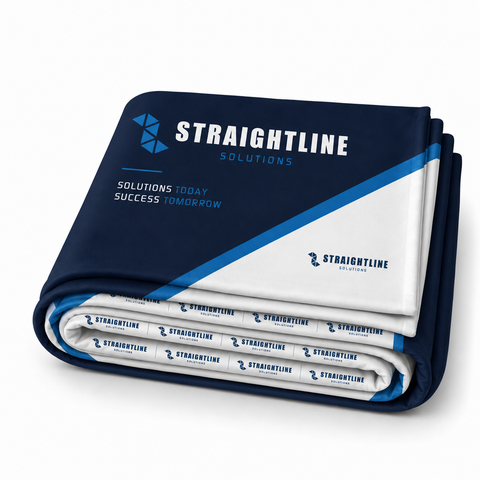Folded media wall skin with 'Straightline Solutions' branding on a white background