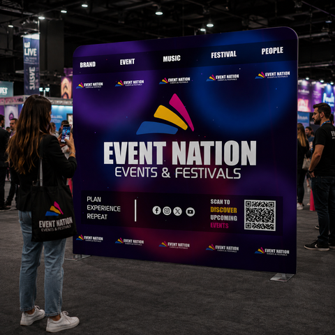 Event Nation promotional stand at a convention center with people around