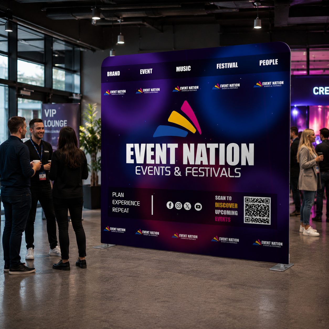 Promotional stand for Event Nation with people in a modern indoor setting