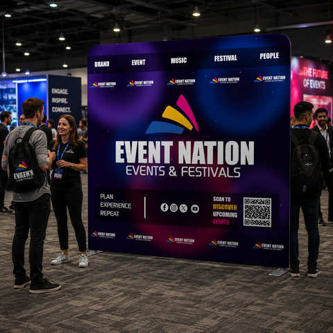 Event Nation promotional stand at a convention center with people around